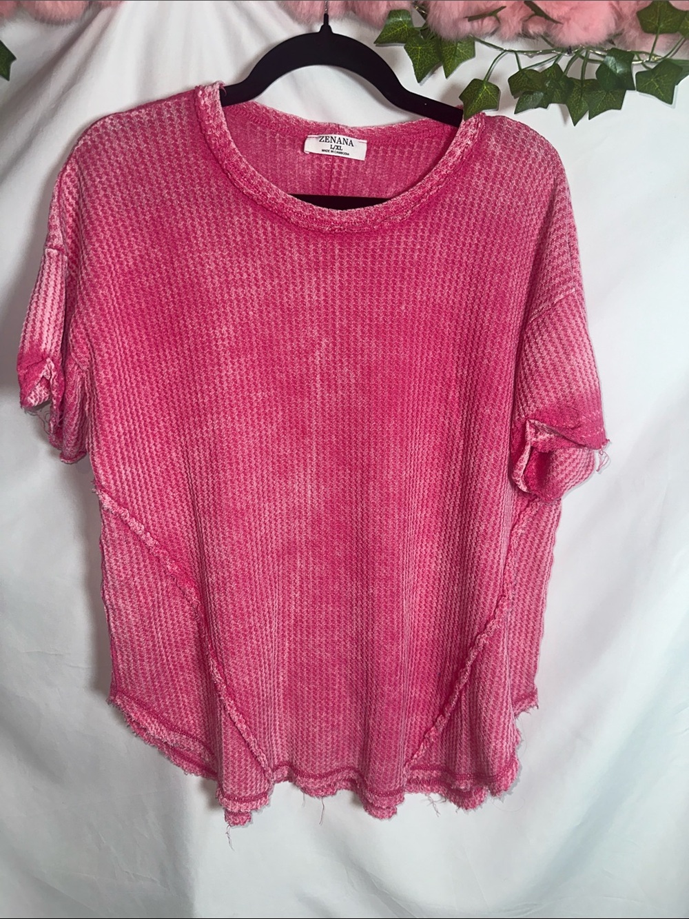 Zenana Outfitters Pink Washed Waffle Knit Short Sleeve Top